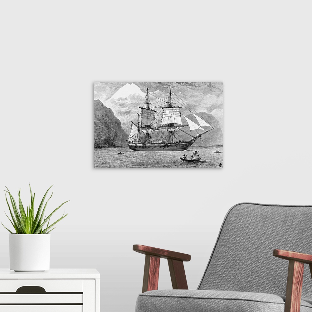 A modern room featuring 1890-Illustration of the H.M.S. Beagle carrying Charles Darwin's expedition in the Straits of Mag...