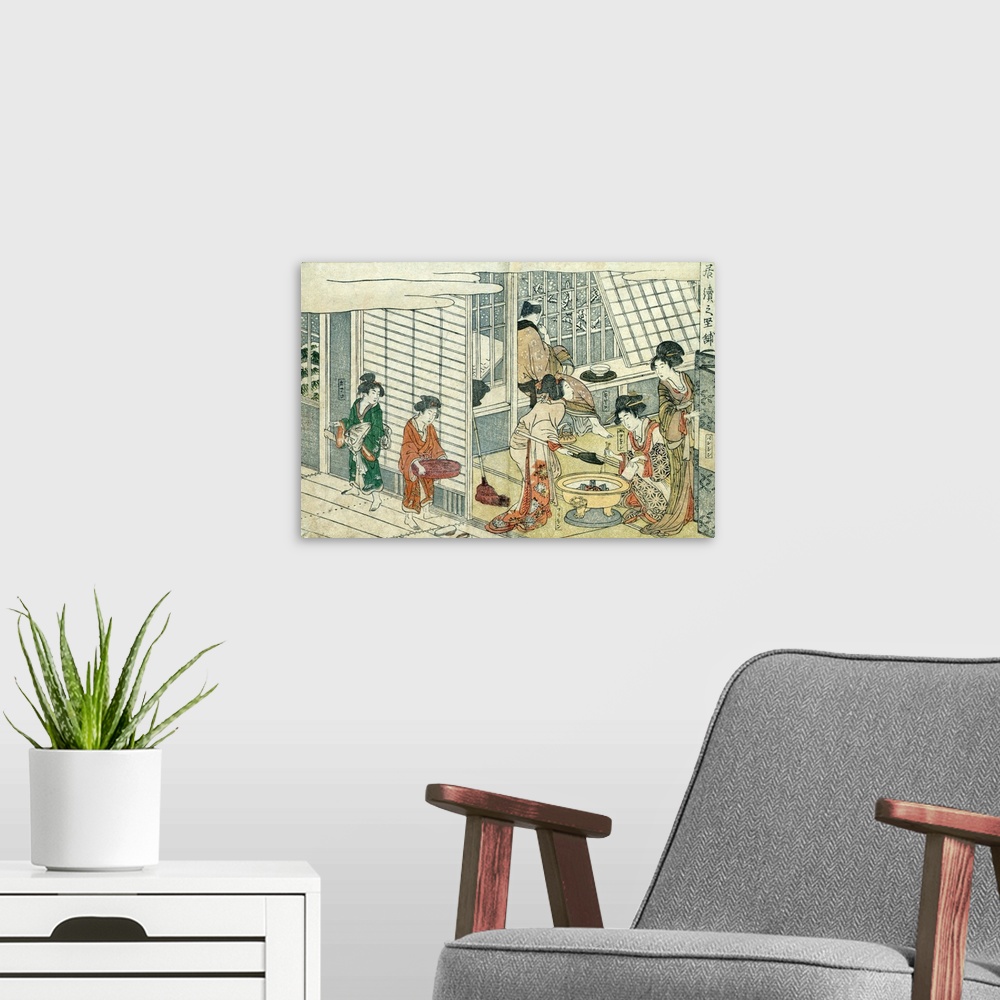 A modern room featuring Print shows a man looking out windows at snow falling while courtesans prepare tea and perform ot...