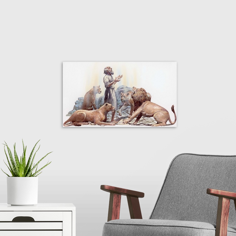 A modern room featuring Illustration Of Hebrew Prophet Daniel Praying Surrounded By Four Tame Lions