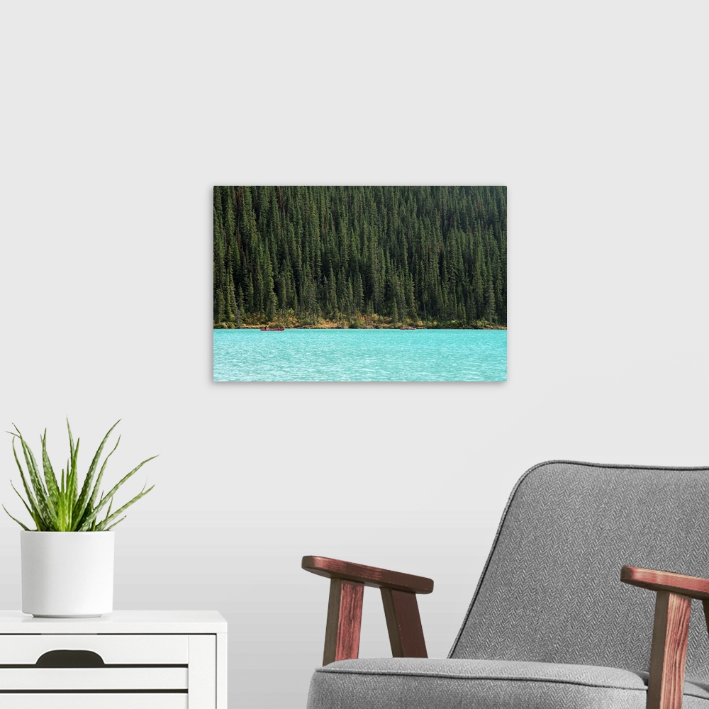 A modern room featuring Lake Louise and trees.
