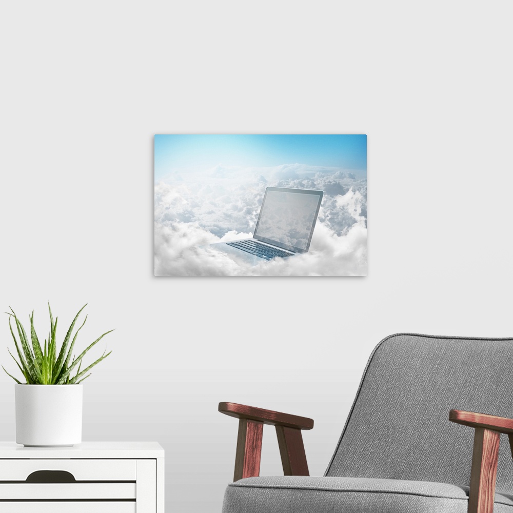 A modern room featuring Laptop floating in clouds