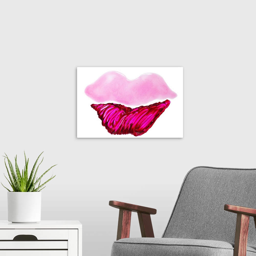 A modern room featuring Lip gloss and lipstick smeared into a lip shape on a white surface.