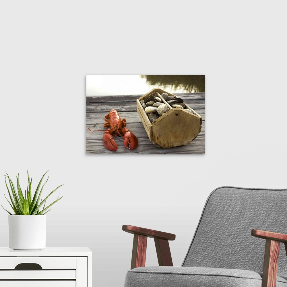 A modern room featuring Lobster and crate of clams on dock