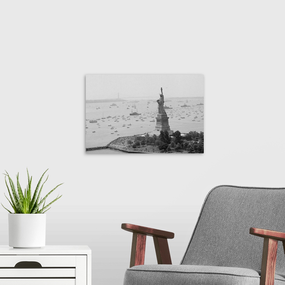 A modern room featuring NEW YORK: Long line of ships sails past Statue of Liberty in New York Harbor here 7/4 as they tak...