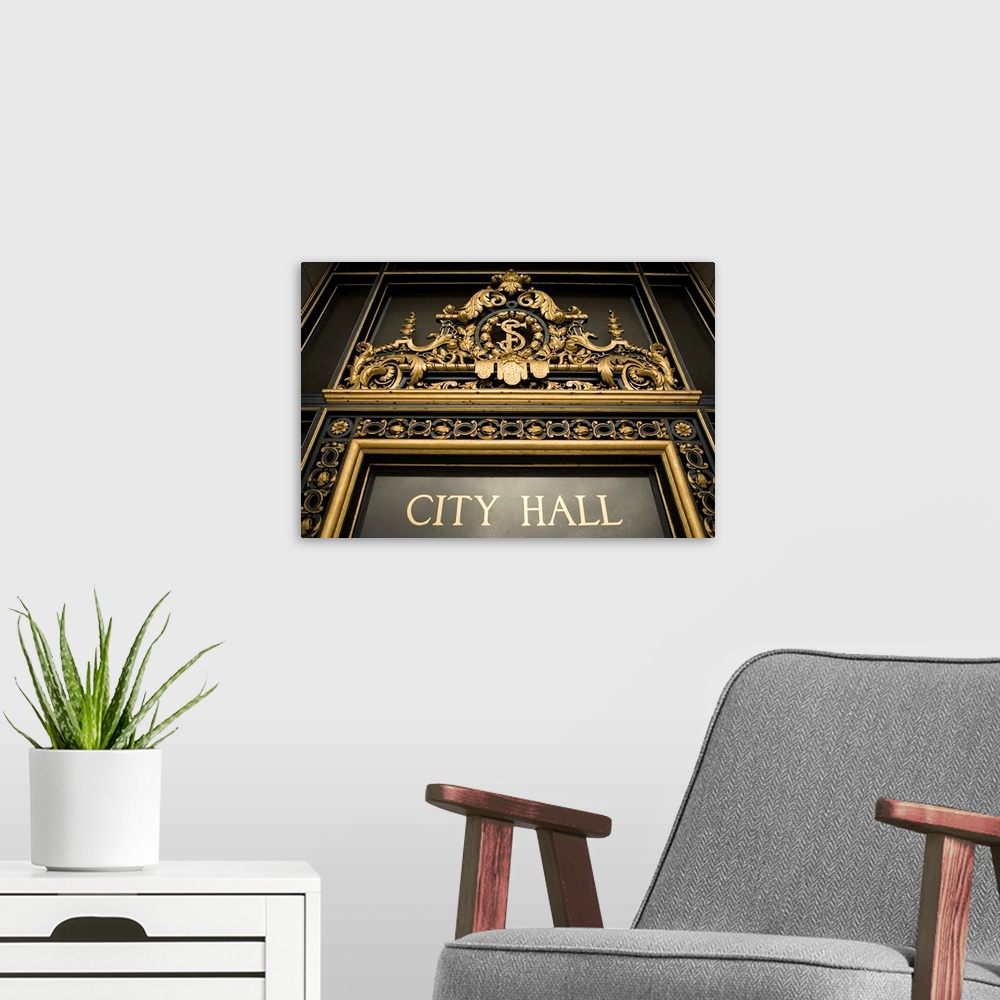 A modern room featuring Low angle view of a signboard, City Hall, California, USA