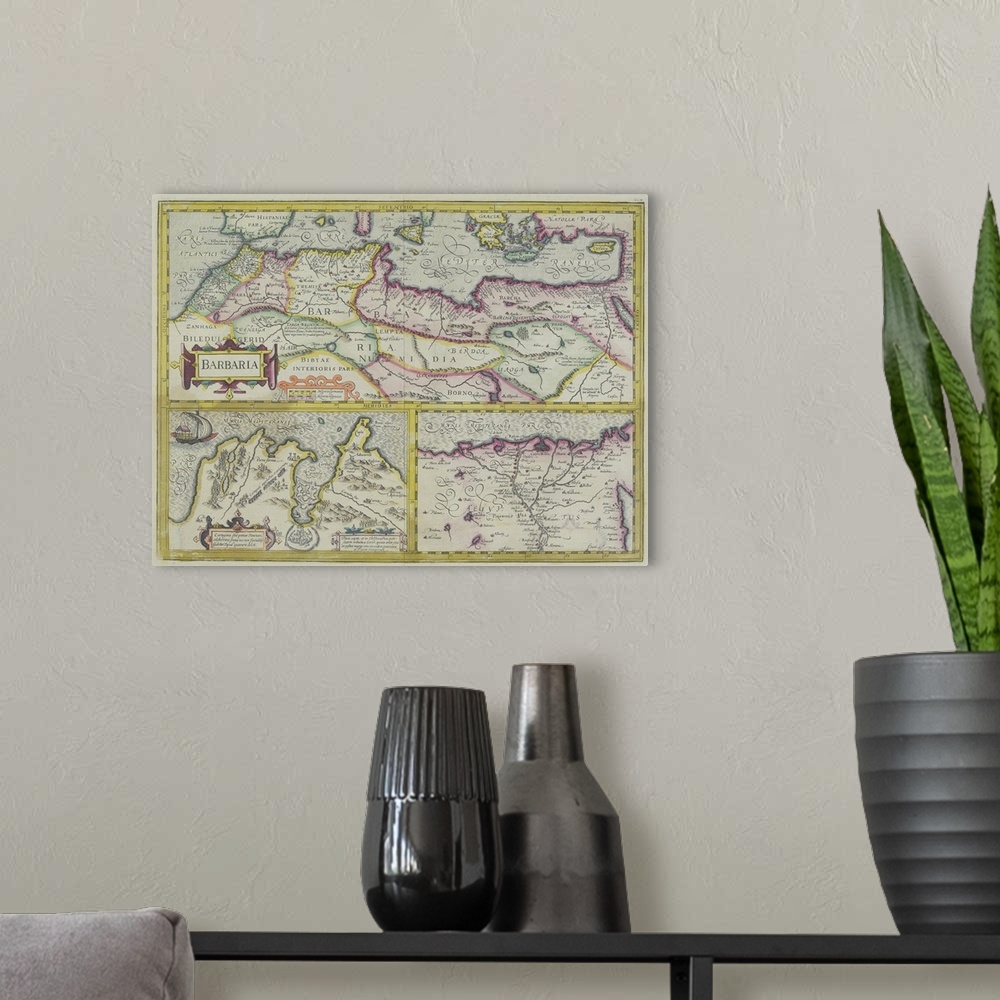 A modern room featuring Maps of Barbary coast , Gulf of Tunis , and Nile River delta