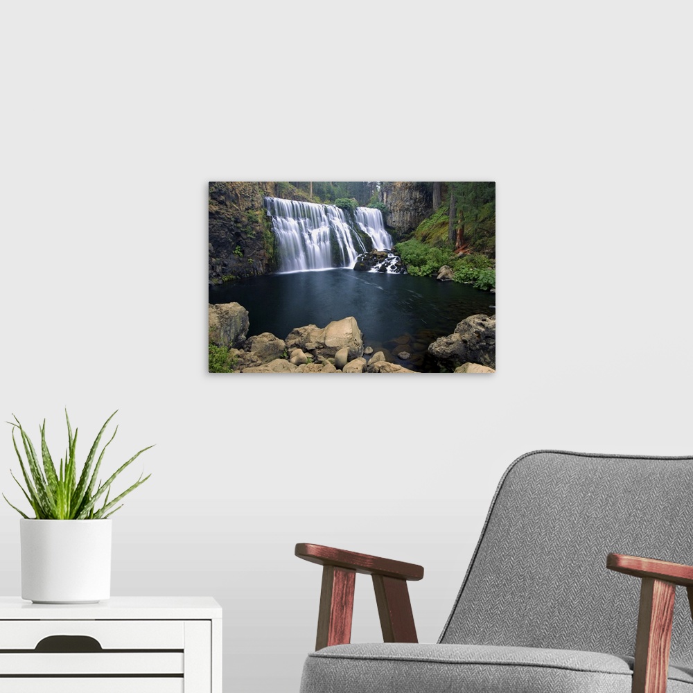 A modern room featuring 2 angles on the Middle McCloud River Falls in the early morning, near Mt Shasta, northern Califor...