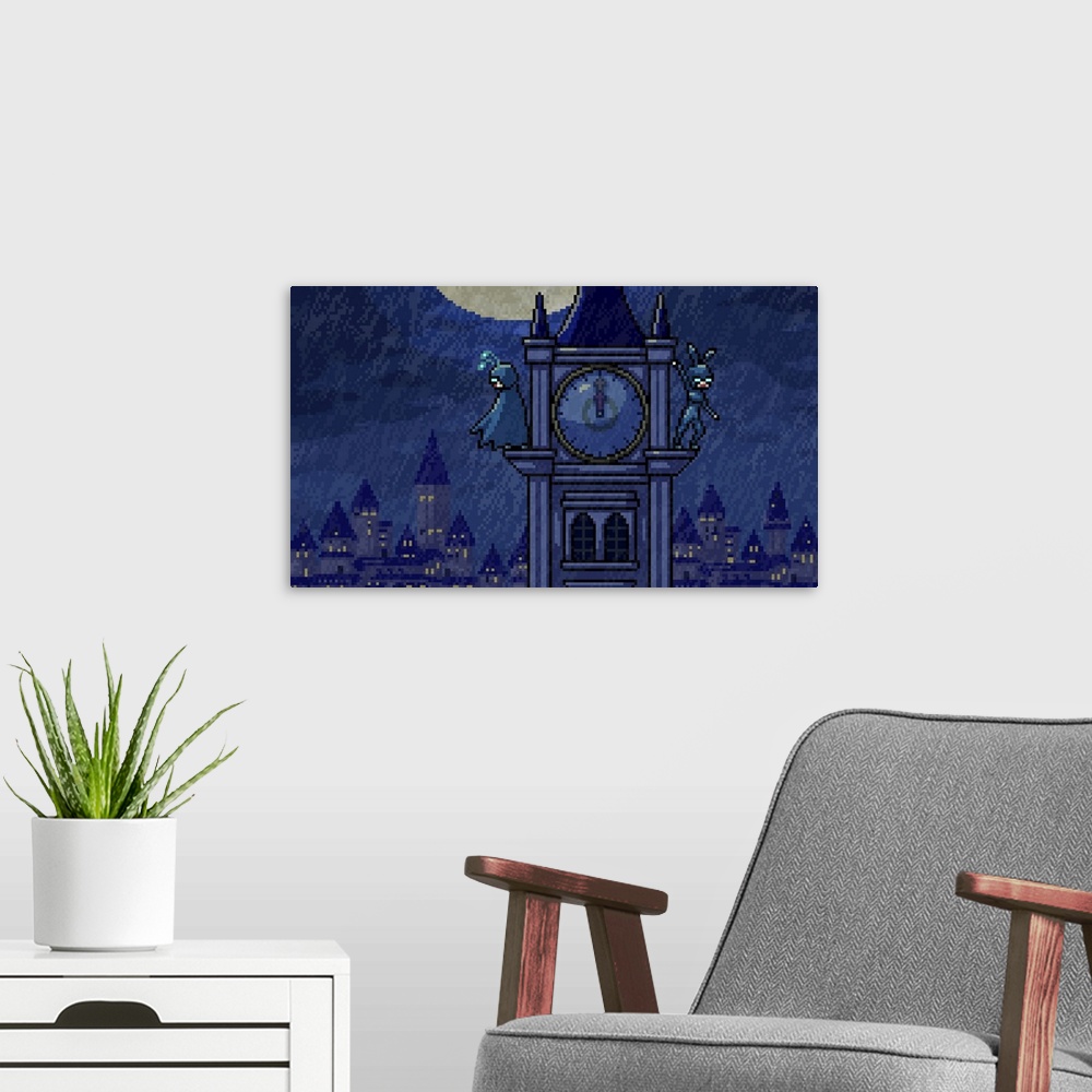 A modern room featuring pixel art scene midnight heroes