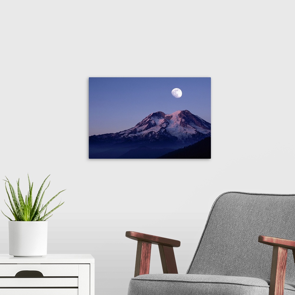 A modern room featuring Moon Over Mount Rainier - Washington