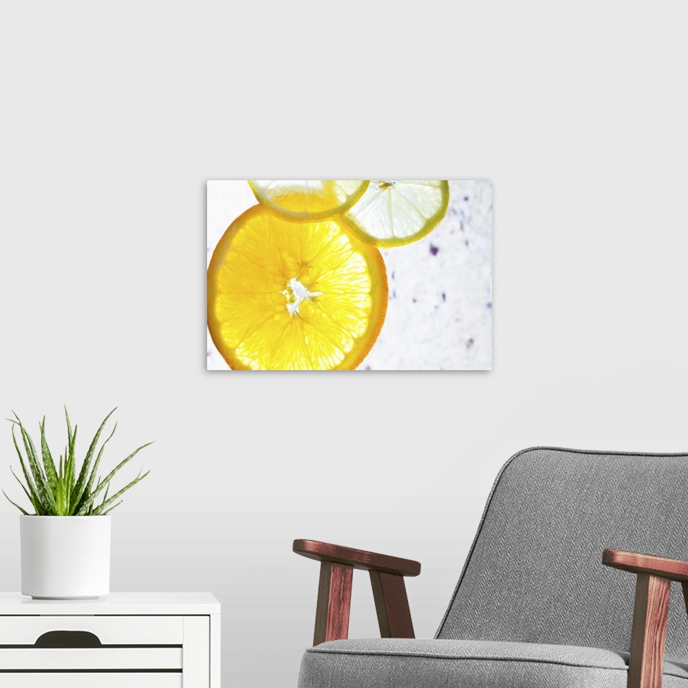 A modern room featuring Orange and lemon slices on a marble stone