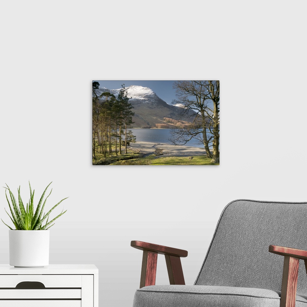 A modern room featuring Pines trees with Buttermere in distance, at Enlish Lake District.