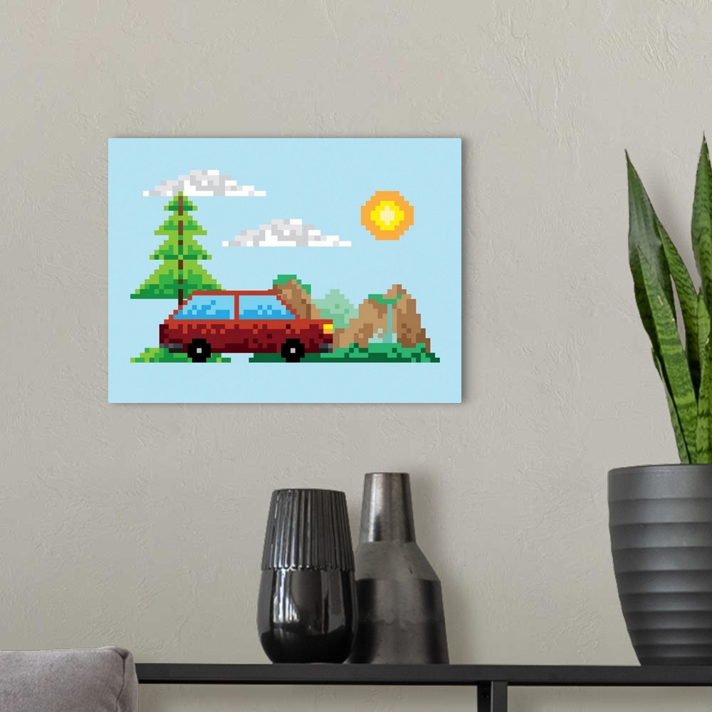 A modern room featuring Pixelated Car In Landscape Scene