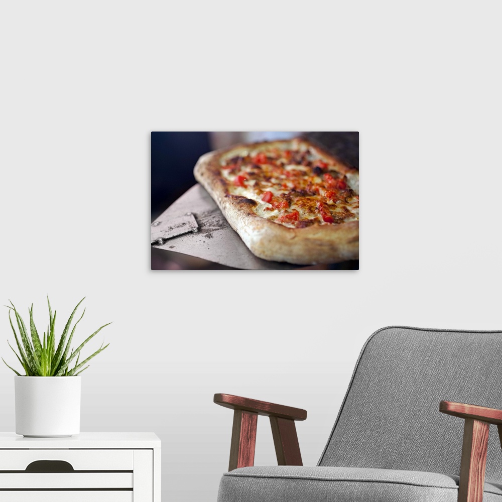 A modern room featuring Pizza with tomatoes, garlic and meat substitute