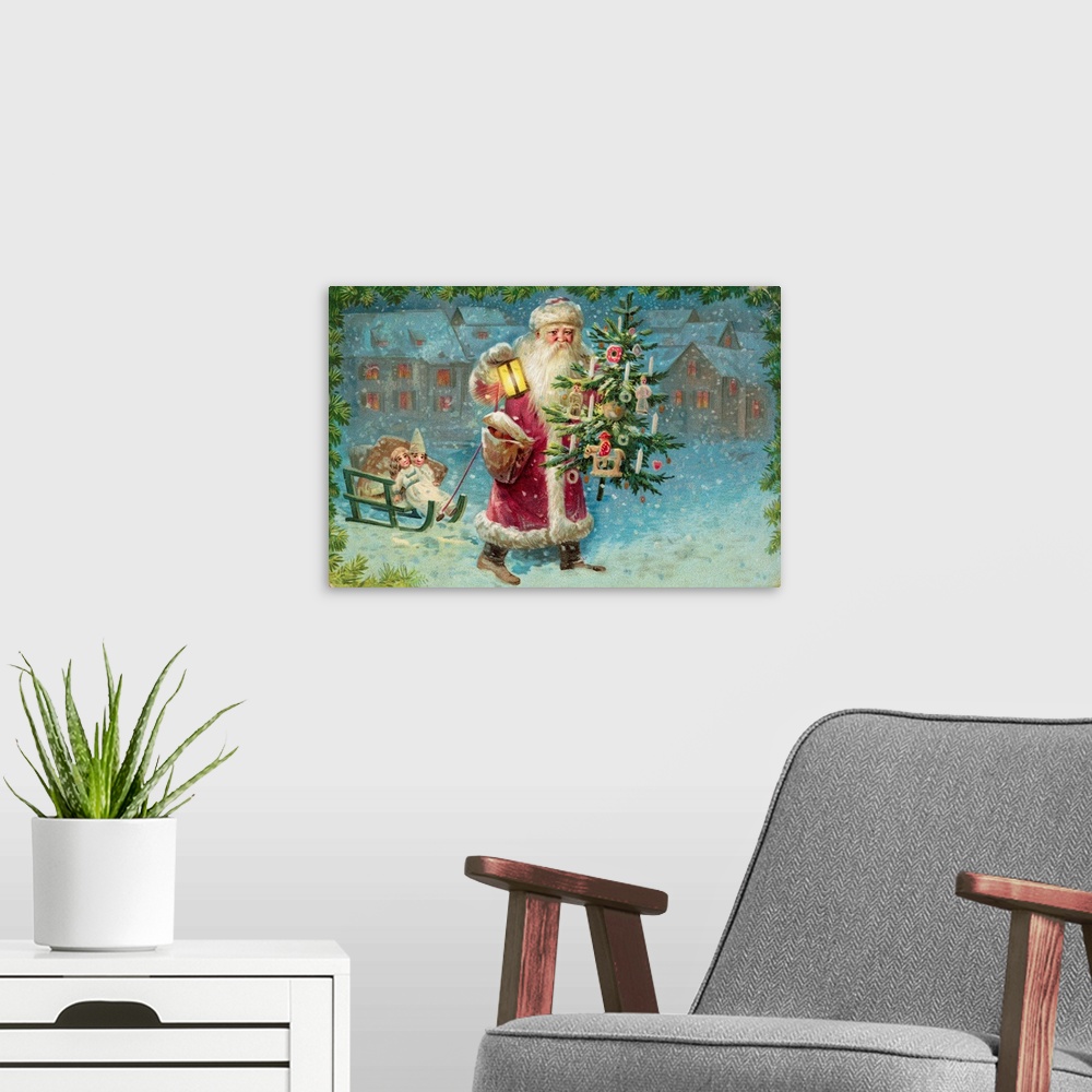 A modern room featuring Postcard With Santa Claus Holding A Christmas Tree