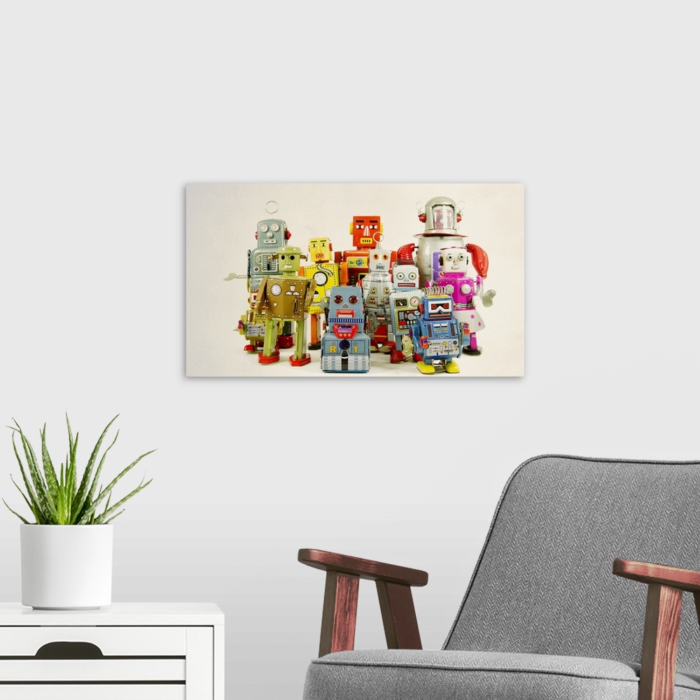 A modern room featuring Vintage robot toys.