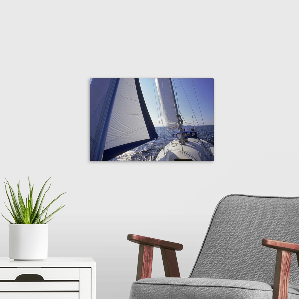A modern room featuring Up-close photograph of sail on a boat with ocean in the distance under a clear sky.