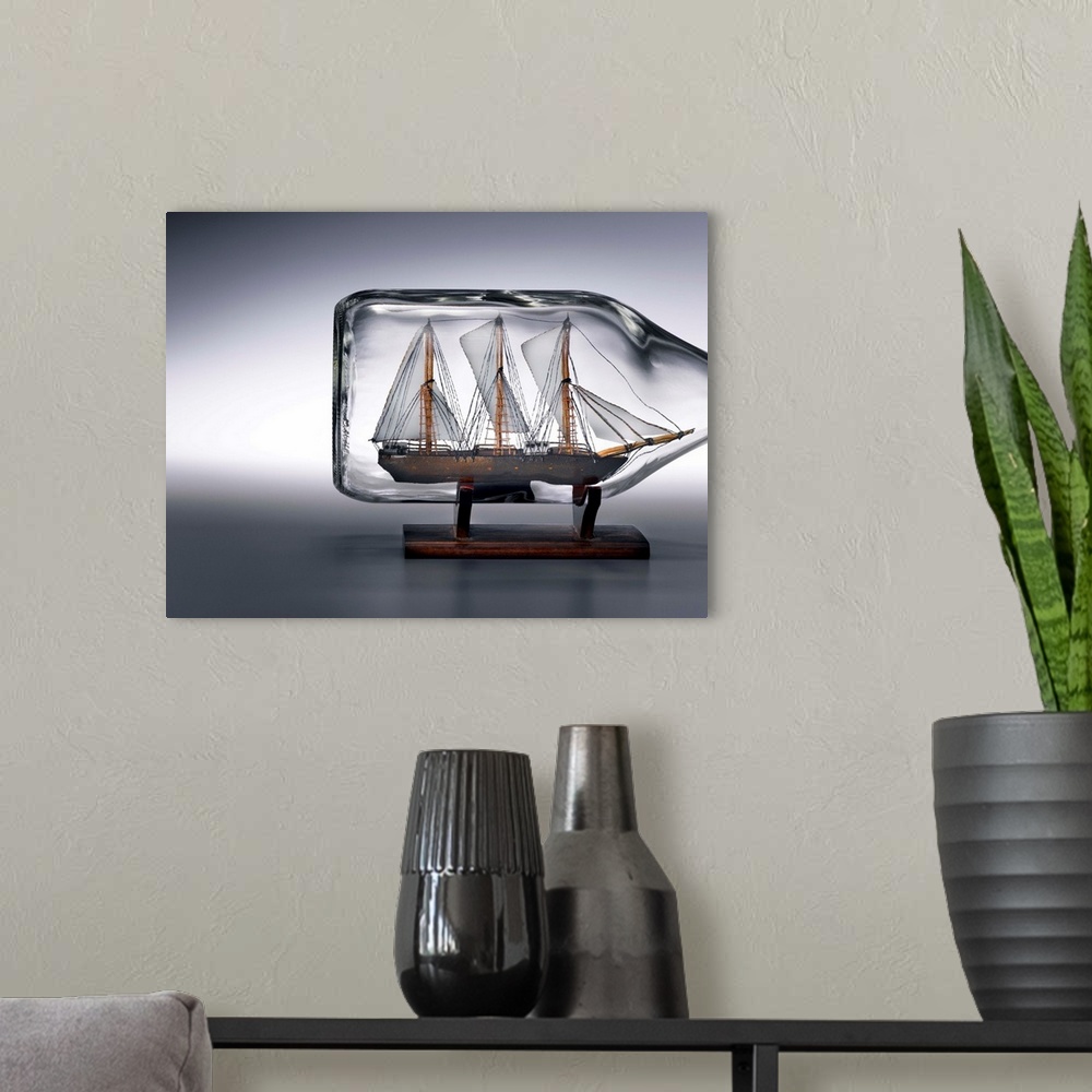 A modern room featuring Sailing ship in bottle