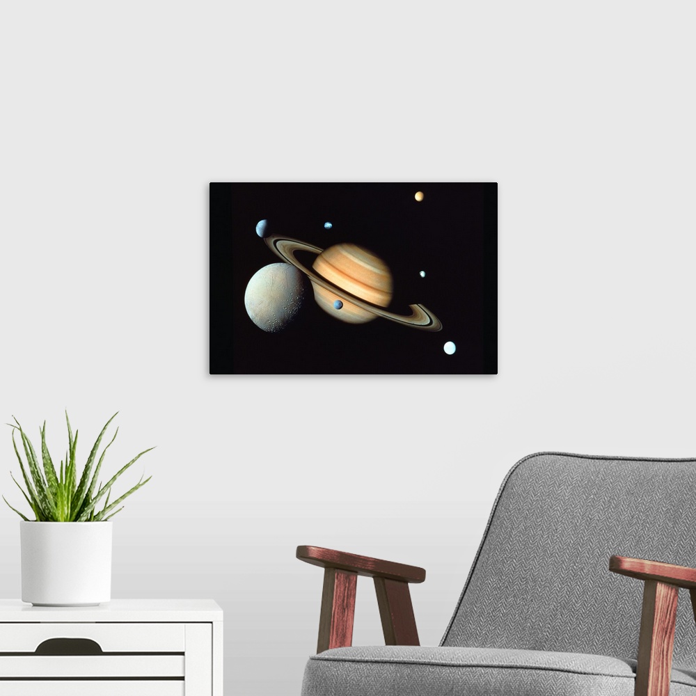 A modern room featuring Saturn and satellites