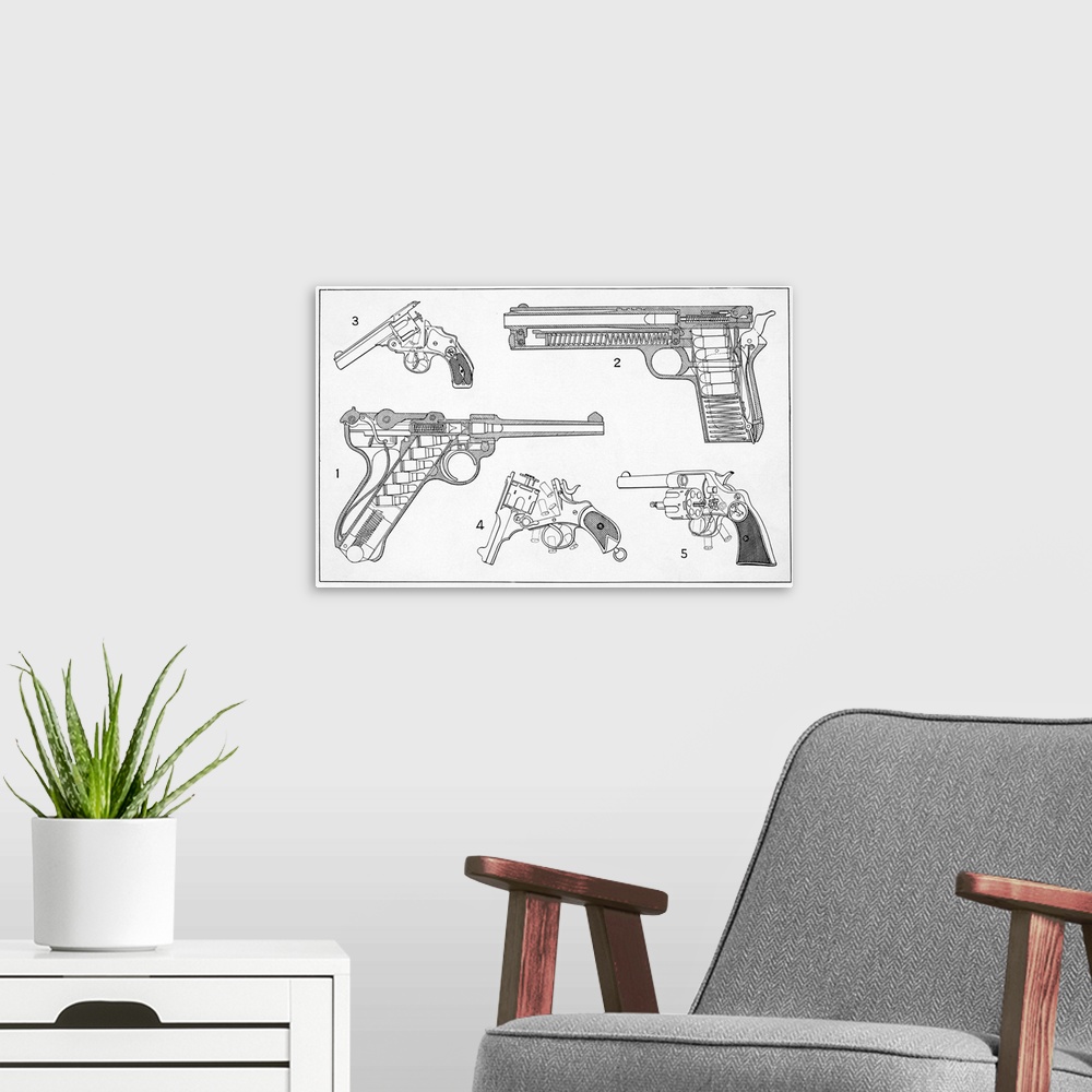 A modern room featuring Schematic drawing of the Borchardt-Luger Automatic Pistol.