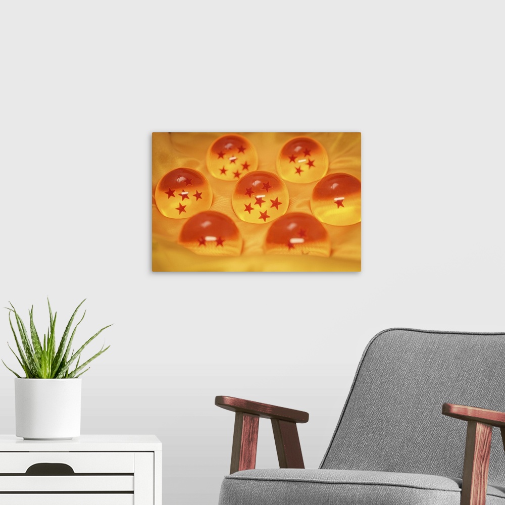 A modern room featuring Set of seven orange crystal dragon ball with stars.