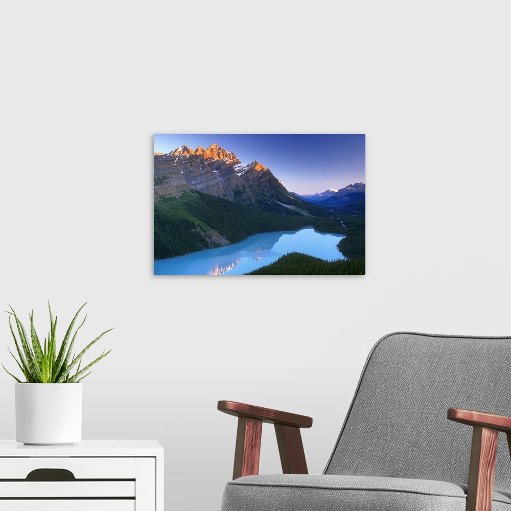 A modern room featuring Snowy peak mountain with valley