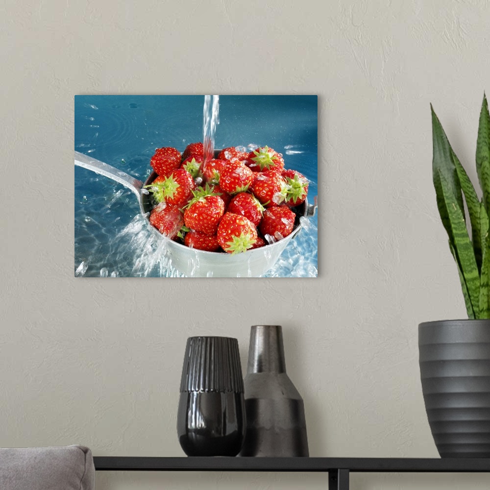 A modern room featuring Strawberries washing in sieve, close-up