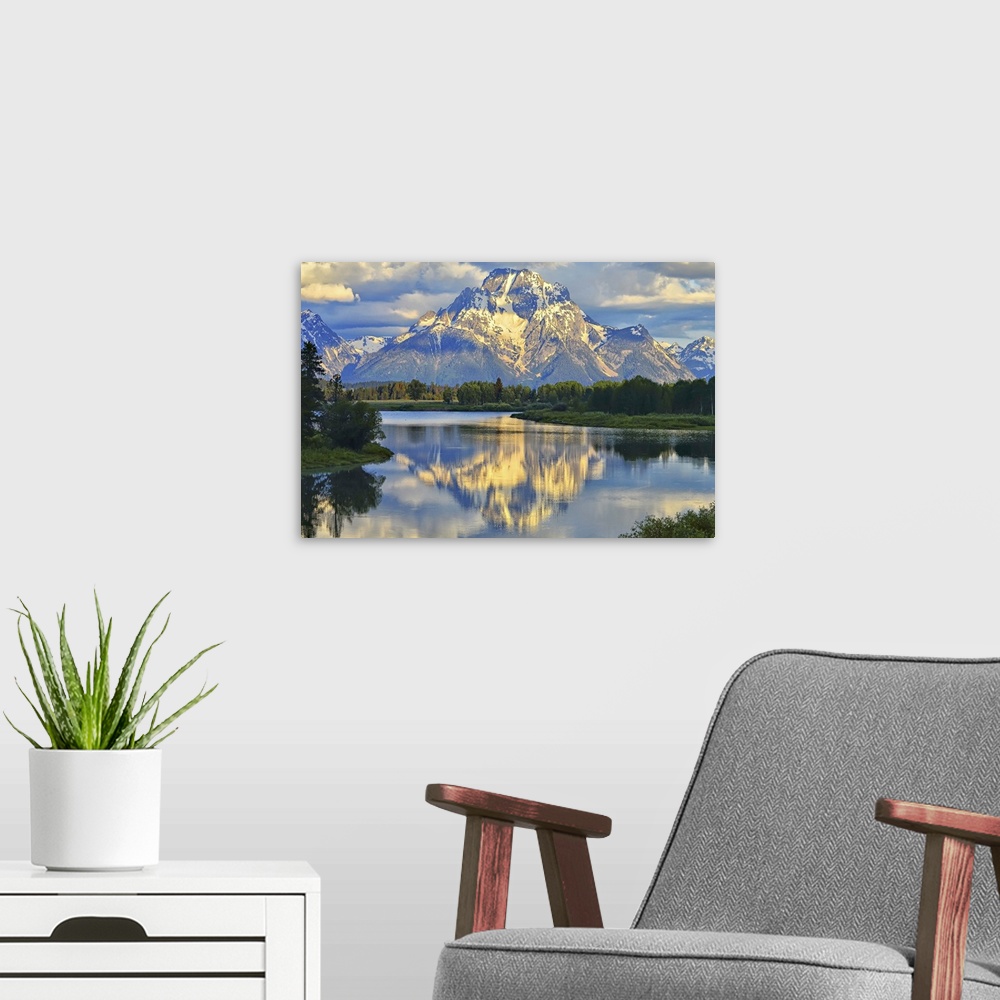 A modern room featuring Morning clouds and early morning light at Oxbow Bend in Grand Teton National Park in Jackson Hole...