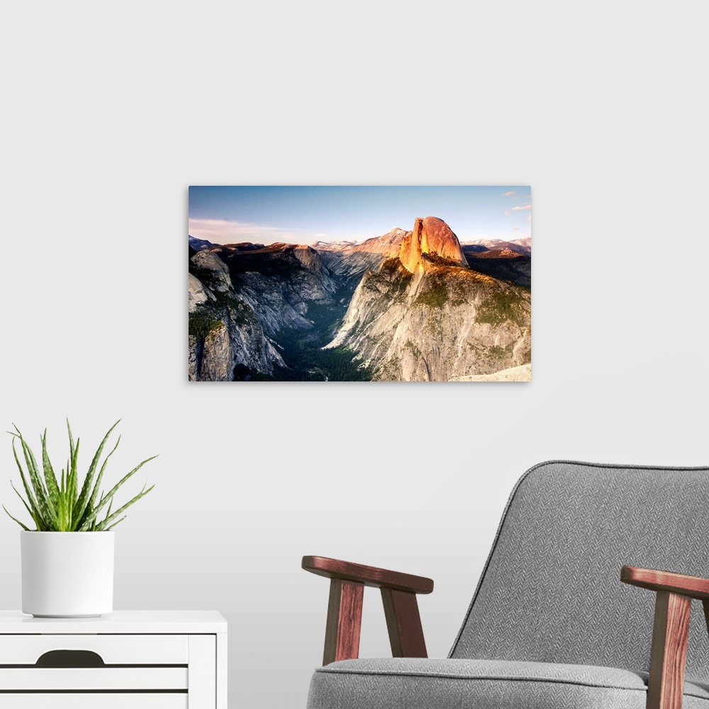 A modern room featuring A cloudless sunset at Glacier Point still manages to be beautiful thanks to the dramatic scenery ...
