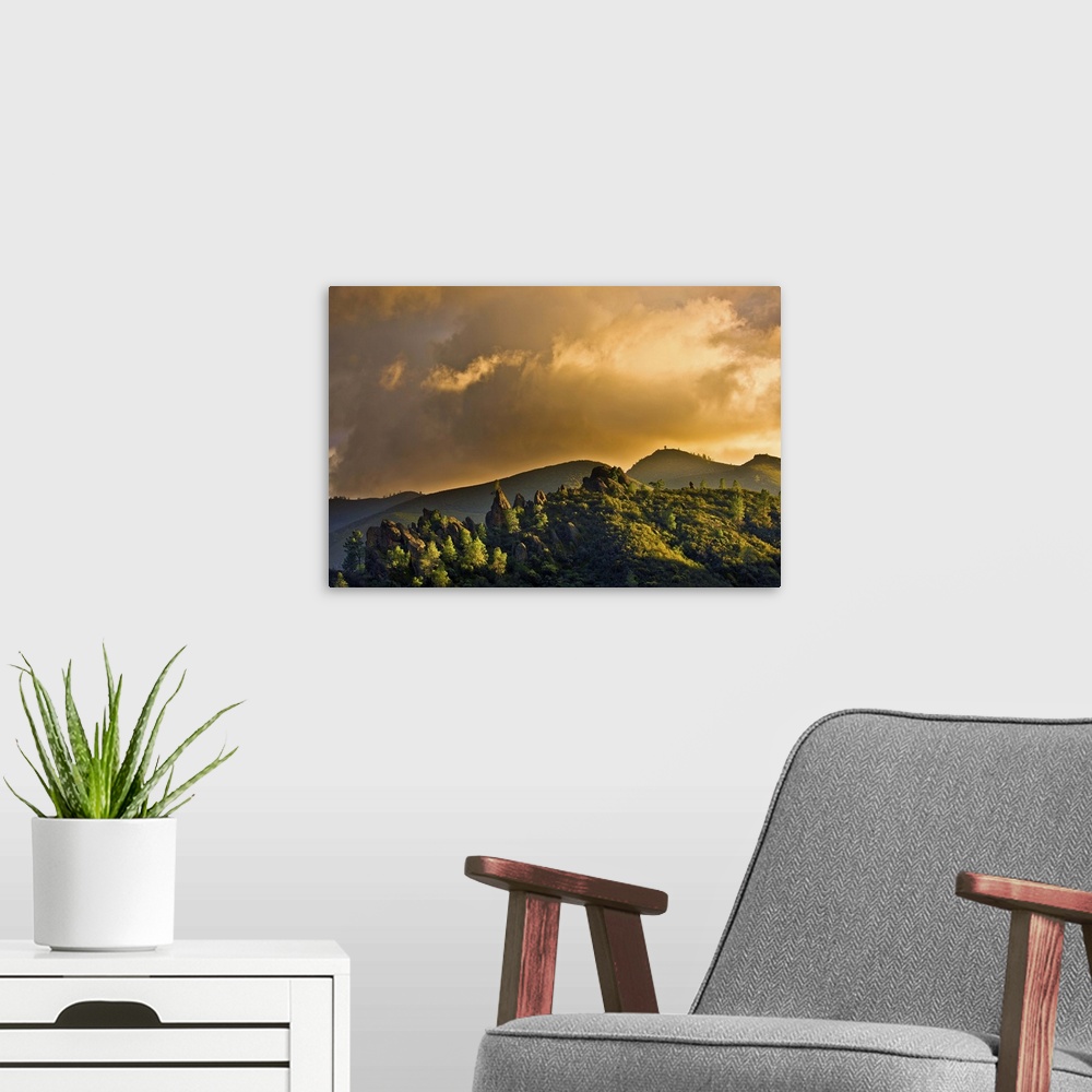 A modern room featuring A sunset sky forms over Pinnacles National Park, California, USA.