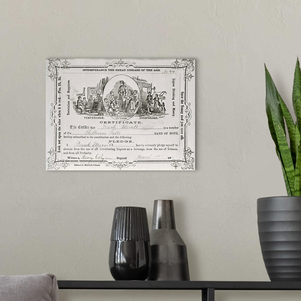 A modern room featuring Temperance Society Certificate. Pledge to abstain from drinking signed March 1866.