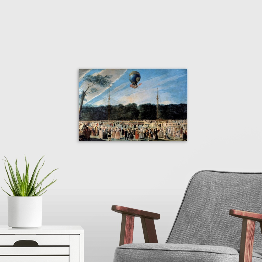 A modern room featuring Ballooning Ascension : The Ascent of the Montgolfier Balloon at Aranjuez. Painting by Antonio Car...