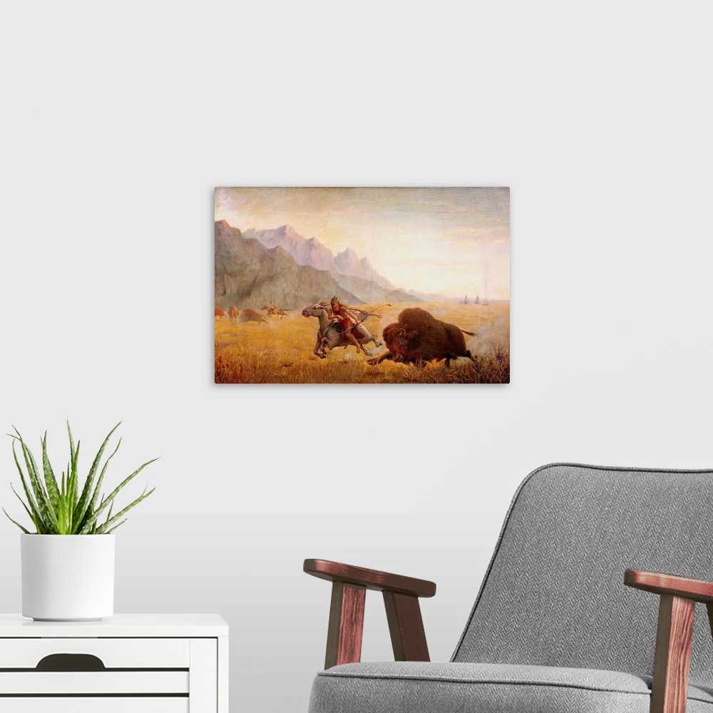 A modern room featuring The Buffalo Hunter By Seth Eastman