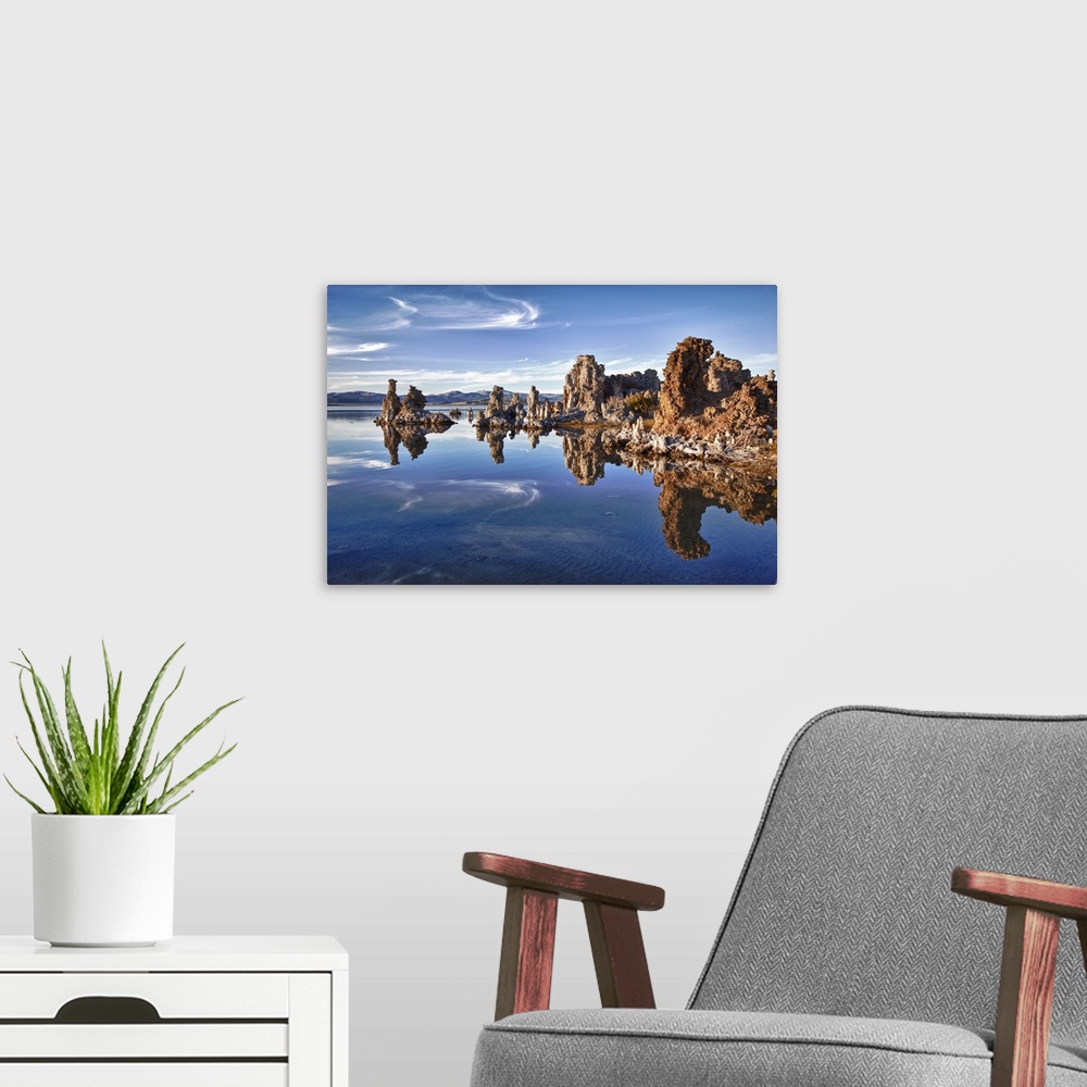 A modern room featuring Tufa formations reflected in Mono Lake, Eastern Sierra of California.