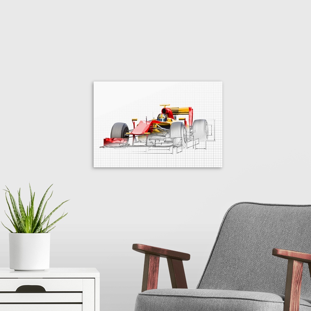 A modern room featuring Partially finished illustration of drag racing car on grid paper.