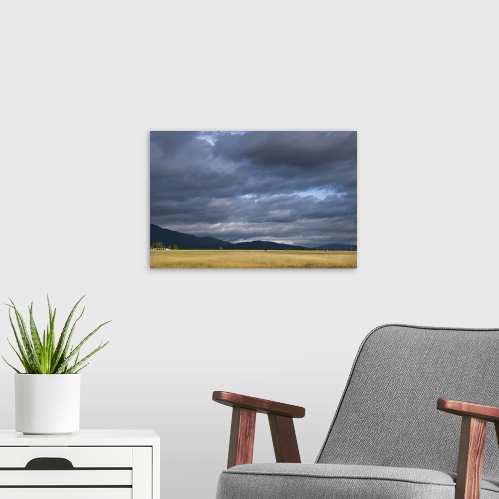 A modern room featuring USA, California, Lassen County, Dramatic sky over pasture
