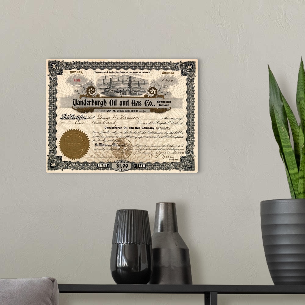 A modern room featuring Stock certificate for 1000 Shares of the Vanderburgh Oil and Gas Company of Evansville, Indiana, ...