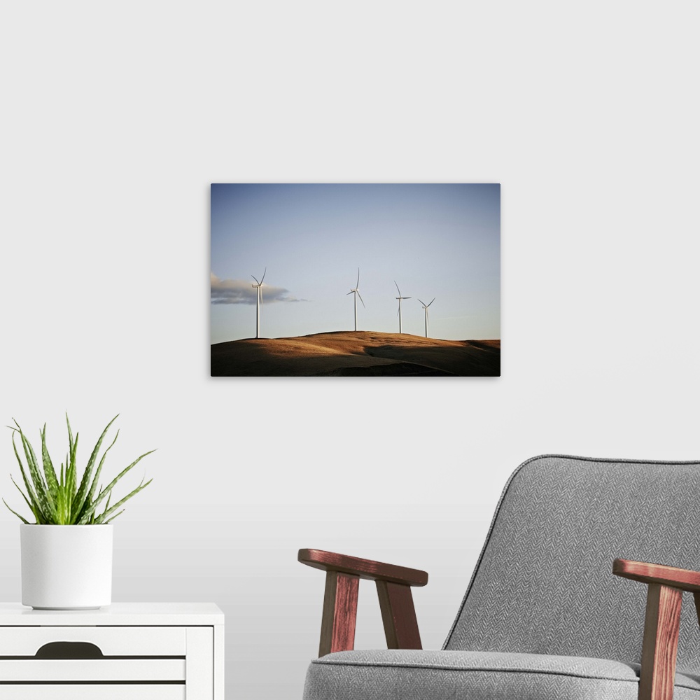 A modern room featuring Windmills on hill at sunset