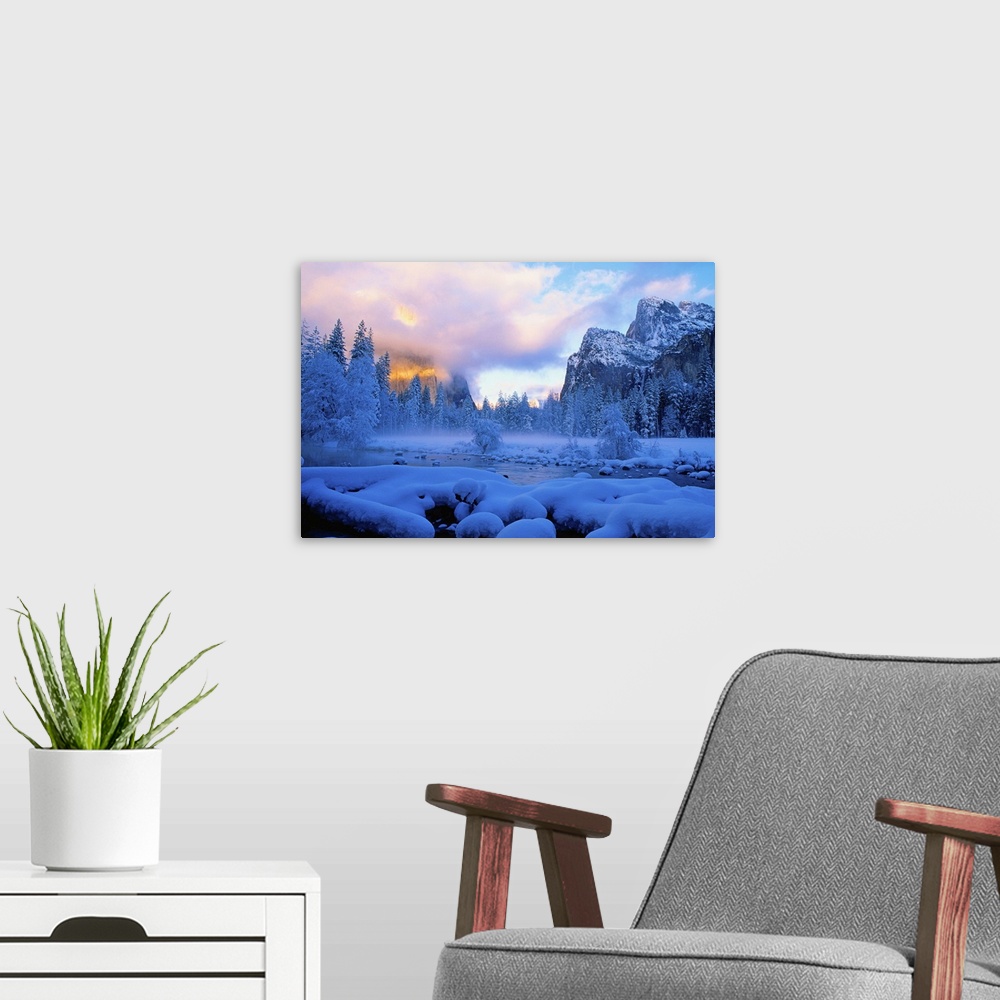A modern room featuring Winter Sunset in Yosemite National Park