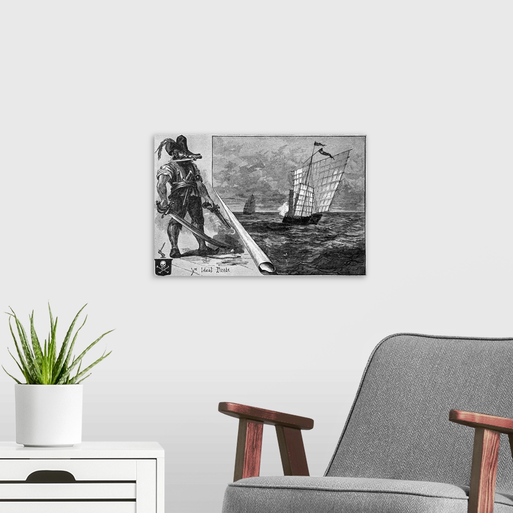 A modern room featuring Illustration entitled ONE TYPE OF PIRATE, depicting Ye Ideal Pirate holding the blade of a dagger...
