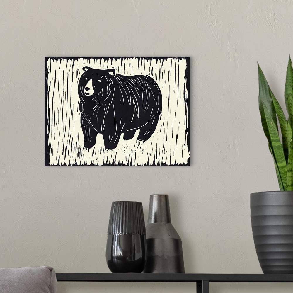 A modern room featuring Cute linocut print illustration of a bear.