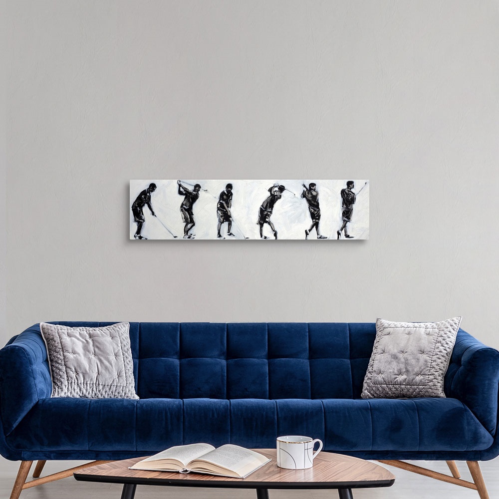 A modern room featuring Wide, black and white figurative painting on large canvas of a male figure illustrating six diffe...