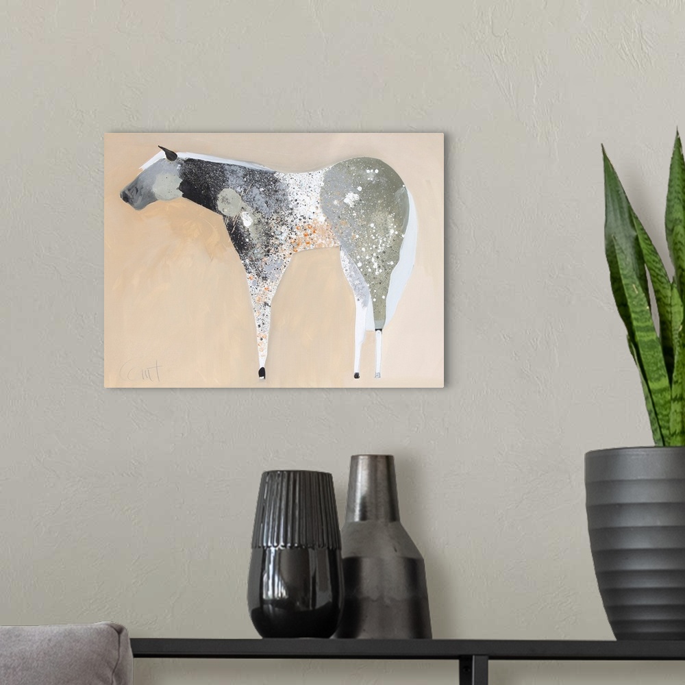 A modern room featuring A contemporary painting of a gray horse against a neutral background.