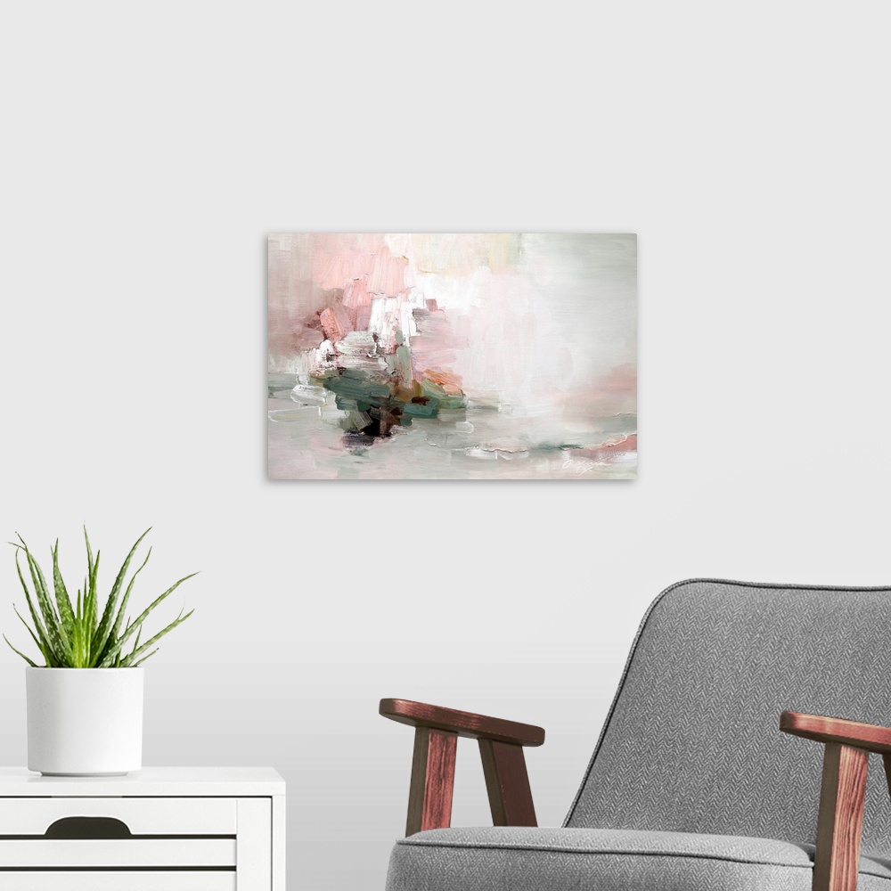 A modern room featuring A beautiful contemporary abstract painting with thick brushstrokes, in shades of pink and white w...