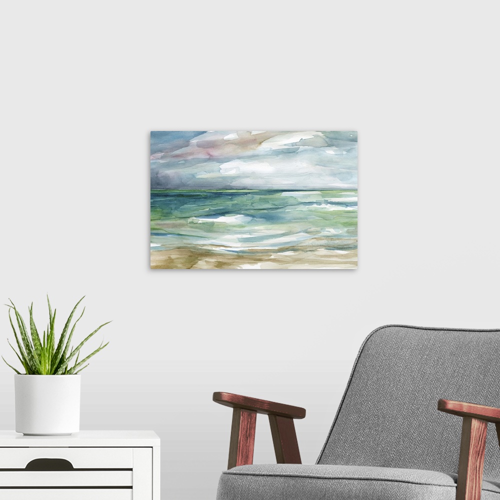 A modern room featuring Fine art watercolor painting of the beach in blues, green and gray by Elizabeth Franklin.