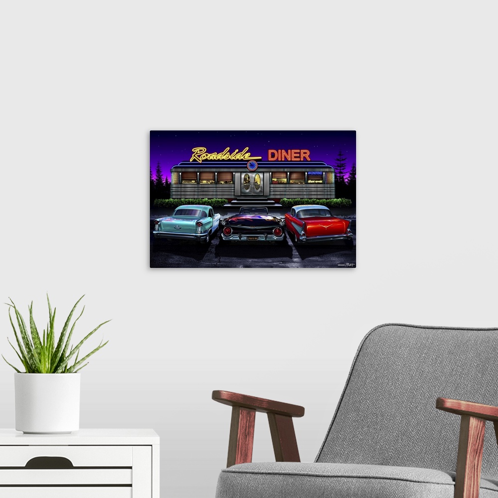 A modern room featuring Digital art painting of the Roadside Diner with hot rod cars parked outside by Helen Flint.