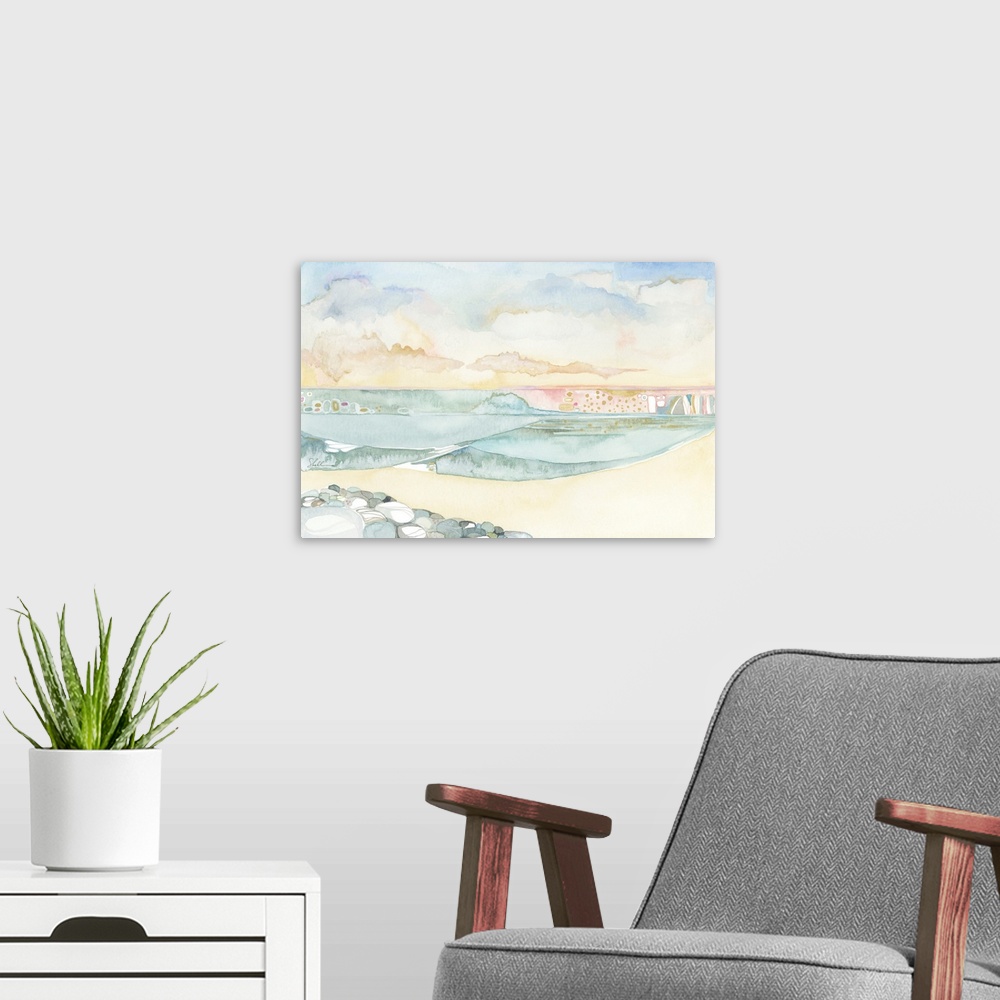 A modern room featuring Watercolor seascape painting of ocean, beach and sky