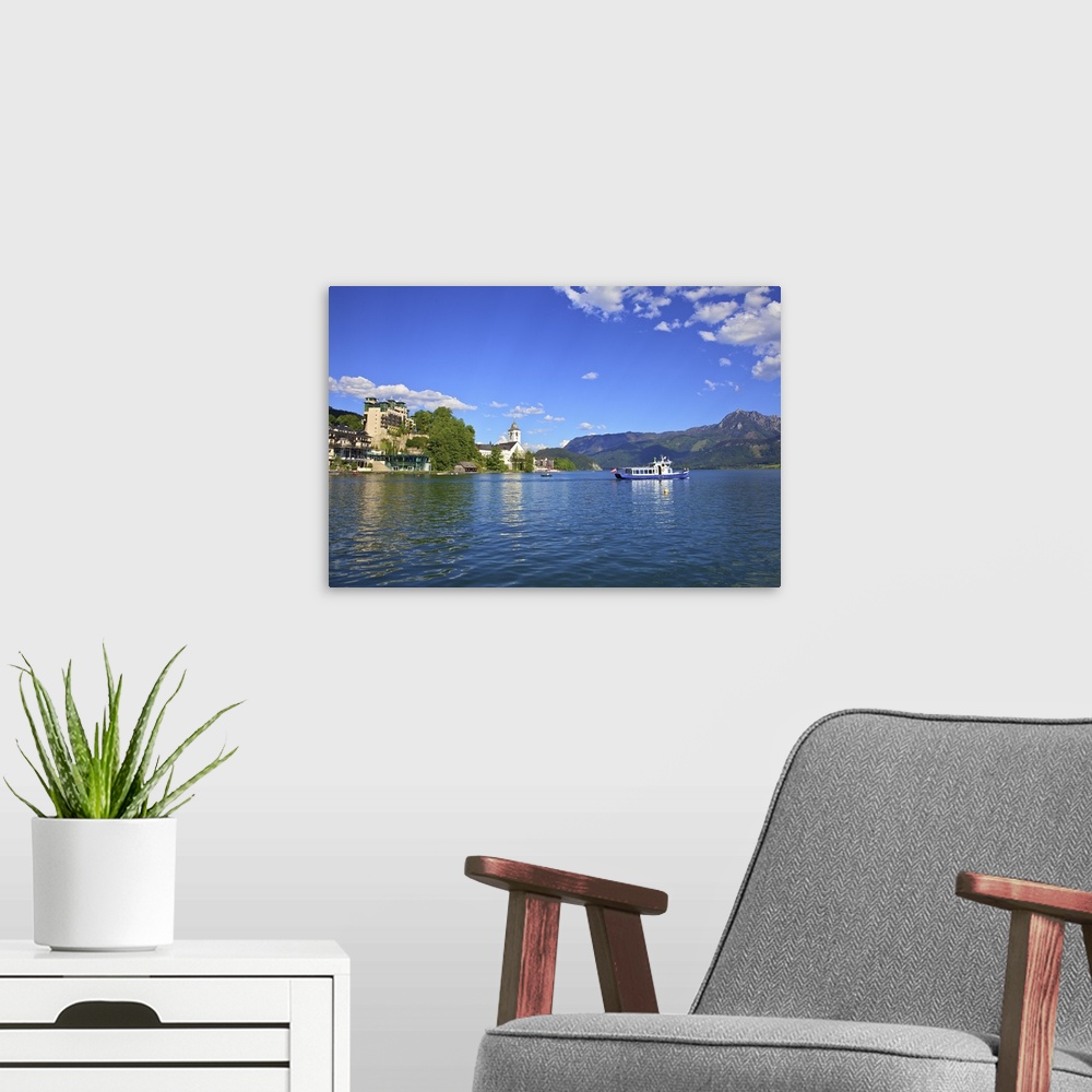 A modern room featuring A Ferry Boat on Wolfgangsee Lake, St. Wolfgang, Austria, Europe, .