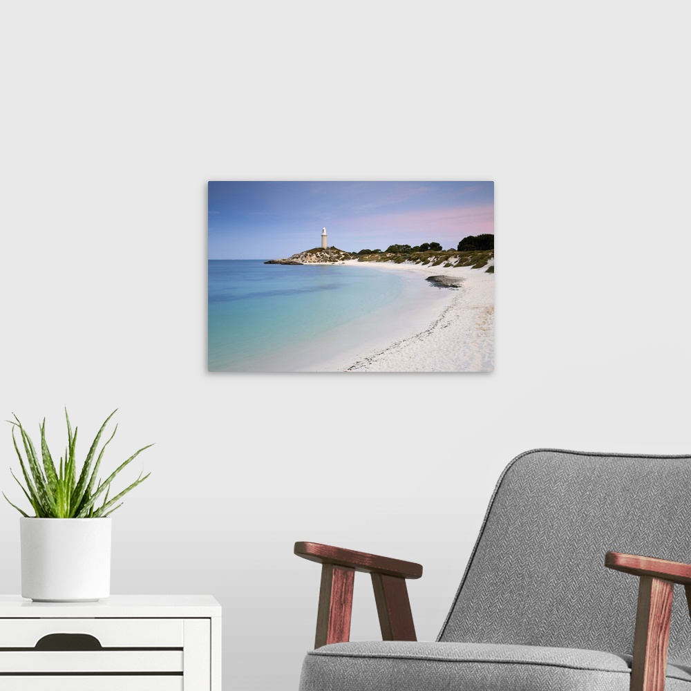 A modern room featuring Australia, Western Australia, Rottnest Island. View along Pinky Beach to Bathurst lighthouse at d...