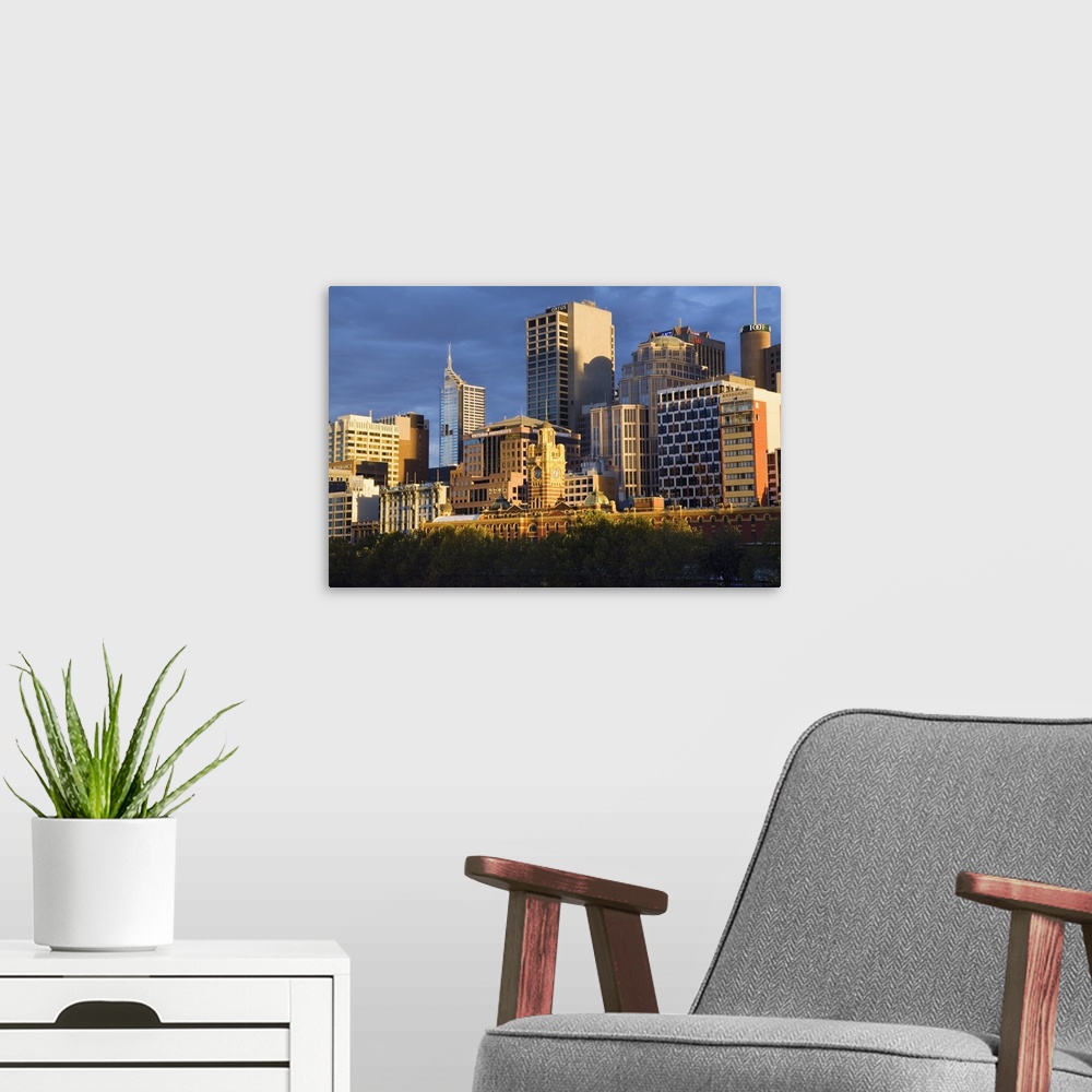 A modern room featuring Australia, Victoria, Melbourne. City skyline at dawn.