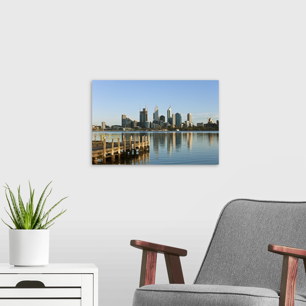 A modern room featuring Australia, Western Australia, Perth. View of city skyline from Coode Street Jetty.